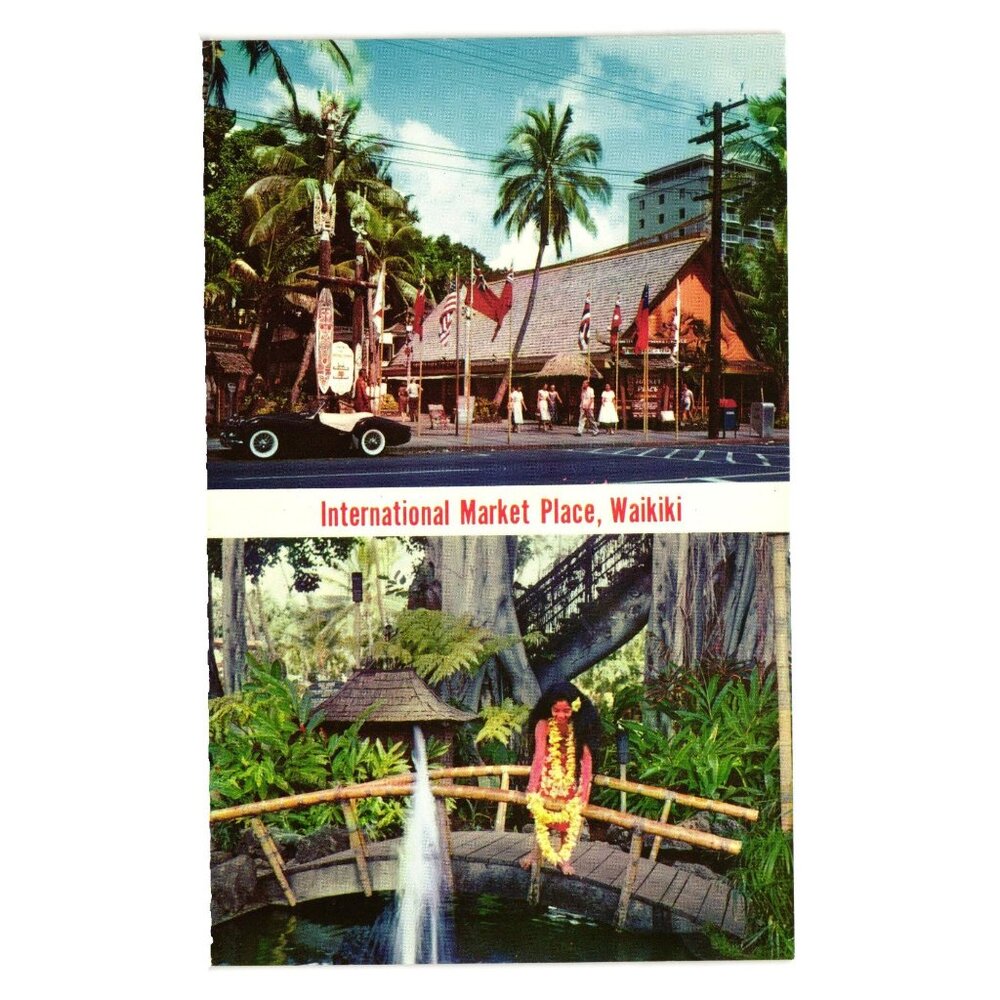 Vintage Hawaiian Postcard International Market Place Waikiki 1960s Tourist Shop